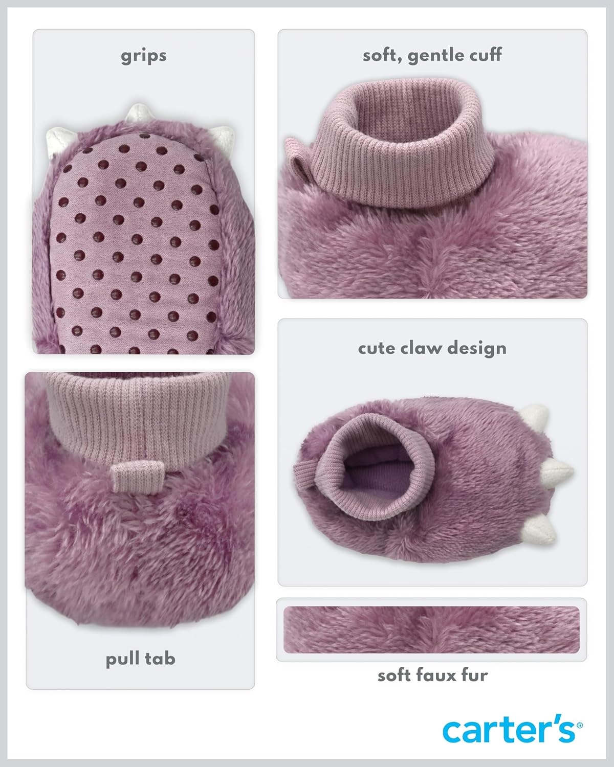 image:imageCarters Baby amp Toddler Claw Slipper Cozy AntiSlip Bootie for BabiesLilac