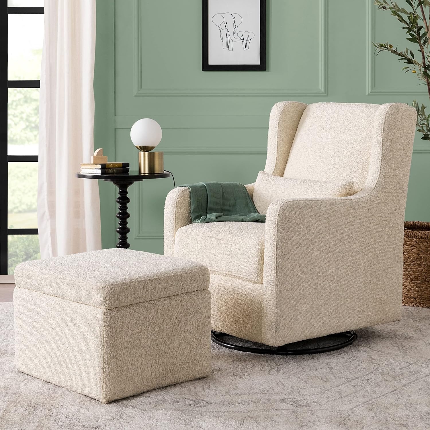 image:imageCarters by DaVinci Adrian Swivel Glider with Storage Ottoman in Ivory Boucle Greenguard Gold amp CertiPURUS CertifiedIvory Boucle
