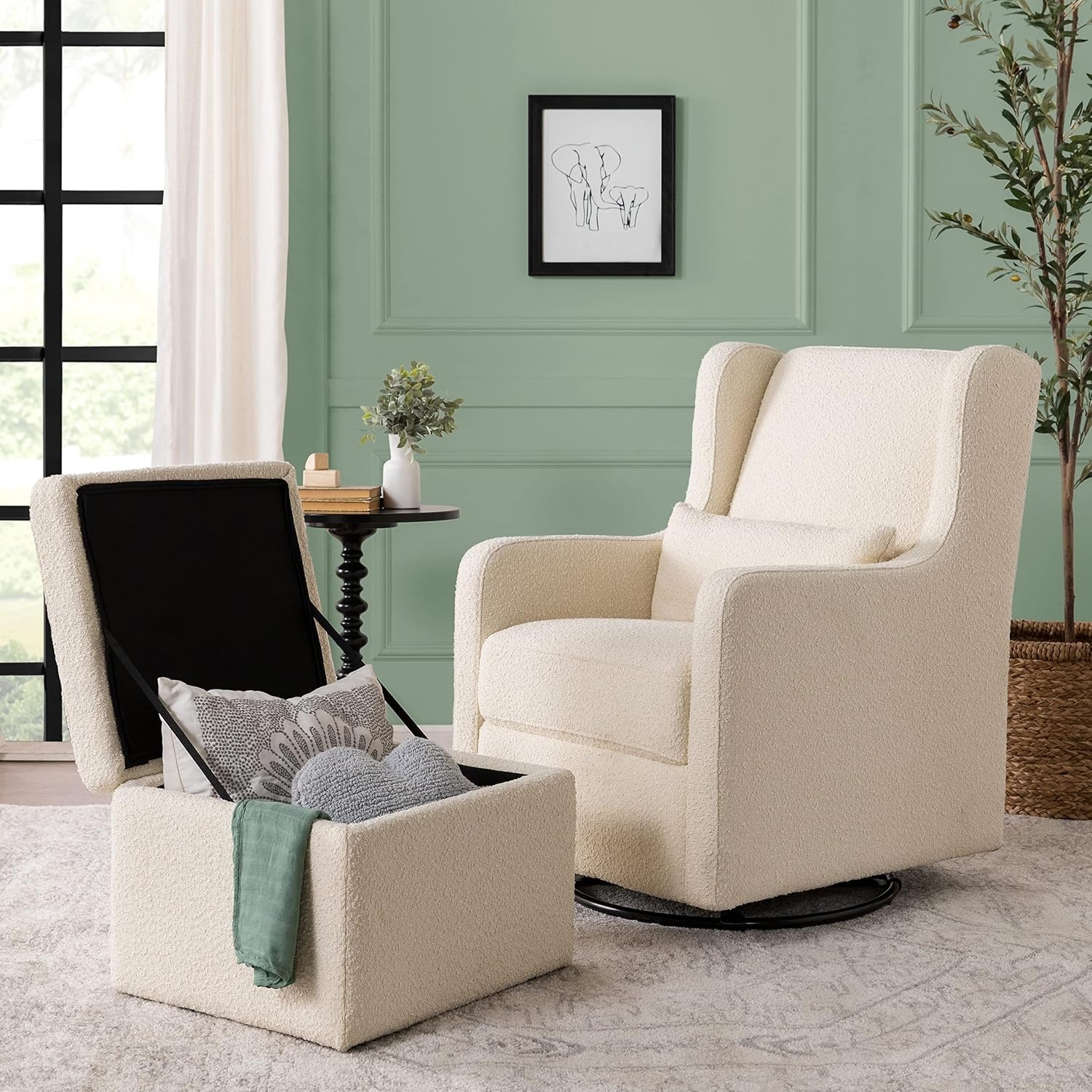 image:imageCarters by DaVinci Adrian Swivel Glider with Storage Ottoman in Ivory Boucle Greenguard Gold amp CertiPURUS CertifiedIvory Boucle