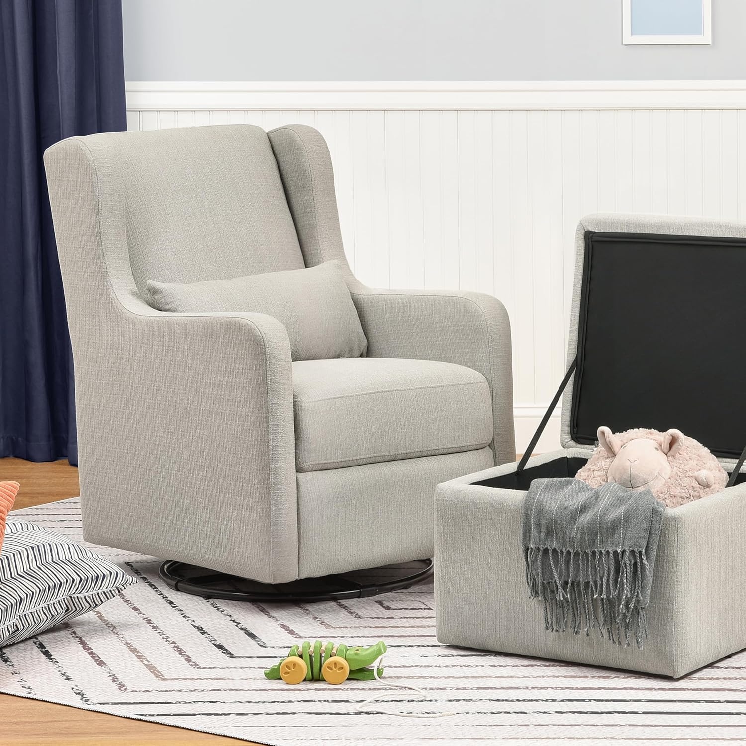 image:imageCarters by DaVinci Adrian Swivel Glider with Storage Ottoman in Ivory Boucle Greenguard Gold amp CertiPURUS CertifiedPerformance Grey