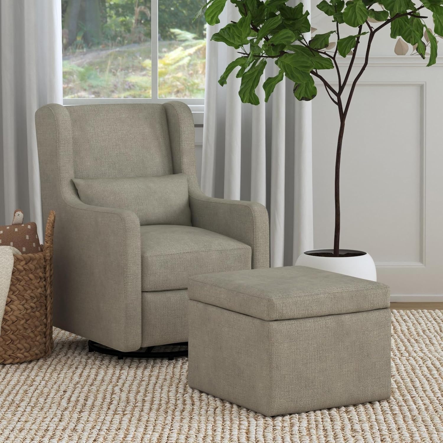image:imageCarters by DaVinci Adrian Swivel Glider with Storage Ottoman in Ivory Boucle Greenguard Gold amp CertiPURUS CertifiedPerformance Grey
