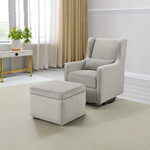 image:imageCarters by DaVinci Adrian Swivel Glider with Storage Ottoman in Ivory Boucle Greenguard Gold amp CertiPURUS CertifiedPerformance Grey