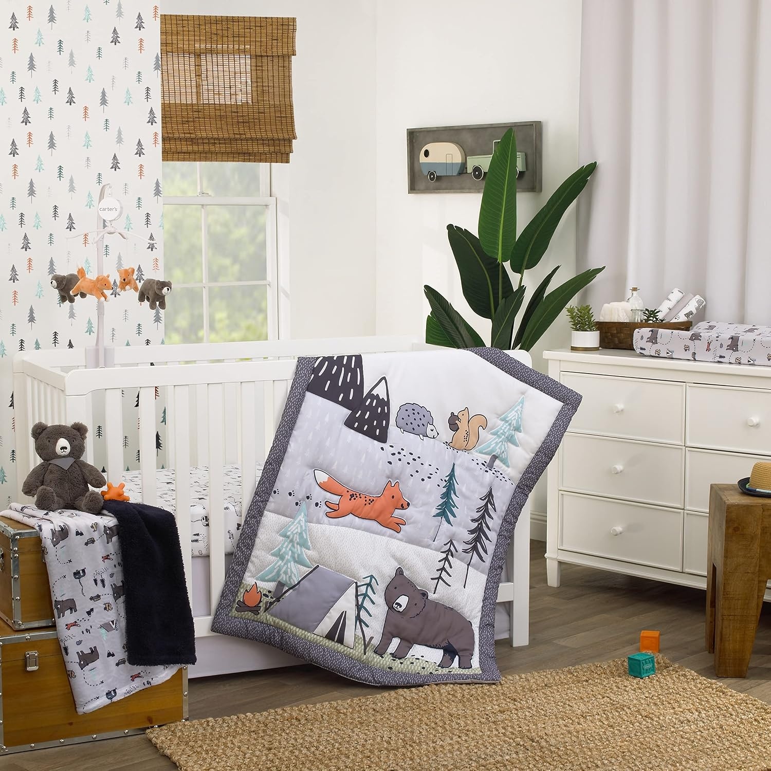 image:imageNoJo Carters Woodland Friends White and Multi Colored Bear Fox Squirrel Tree and Camper Fitted Crib SheetCrib