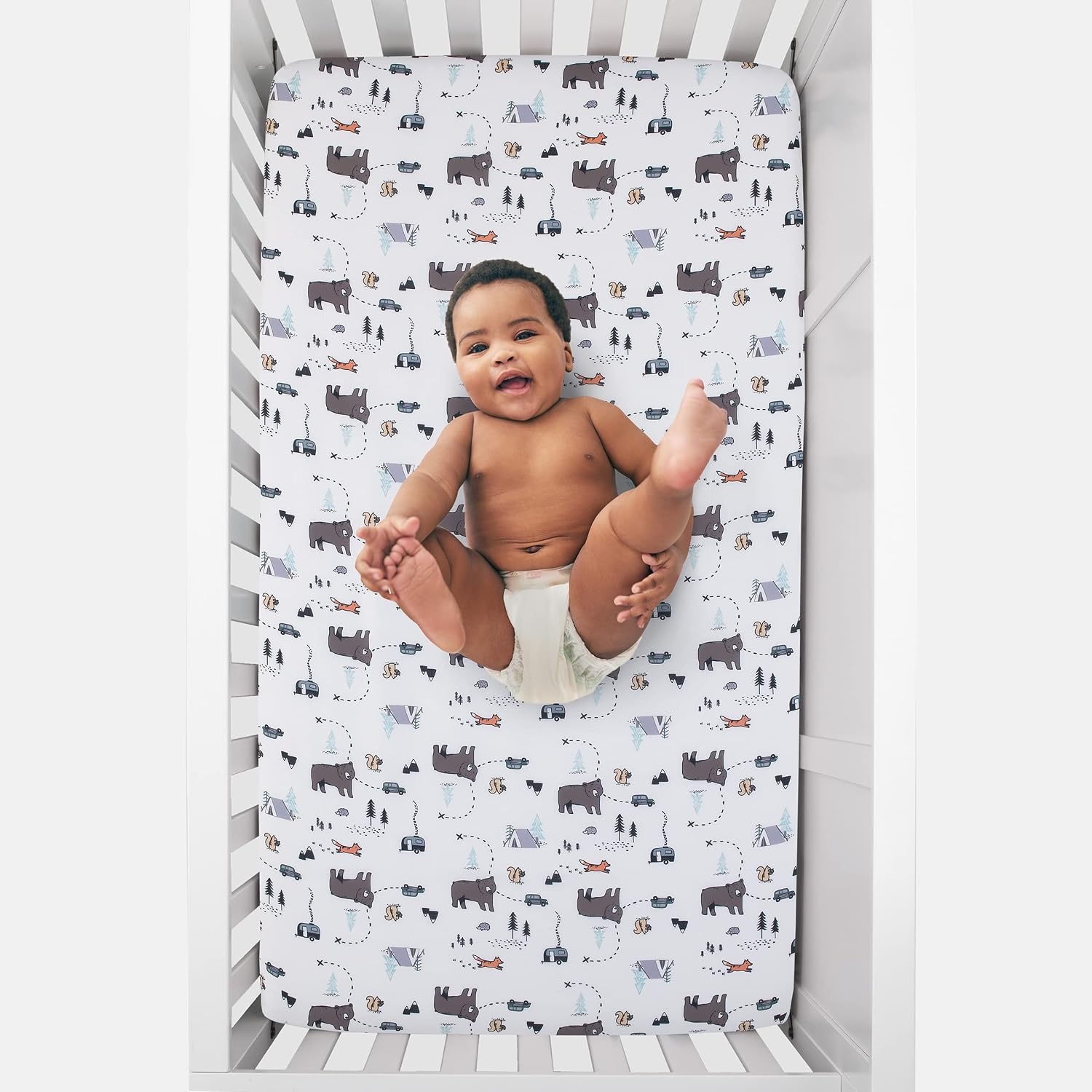 image:imageNoJo Carters Woodland Friends White and Multi Colored Bear Fox Squirrel Tree and Camper Fitted Crib SheetCrib