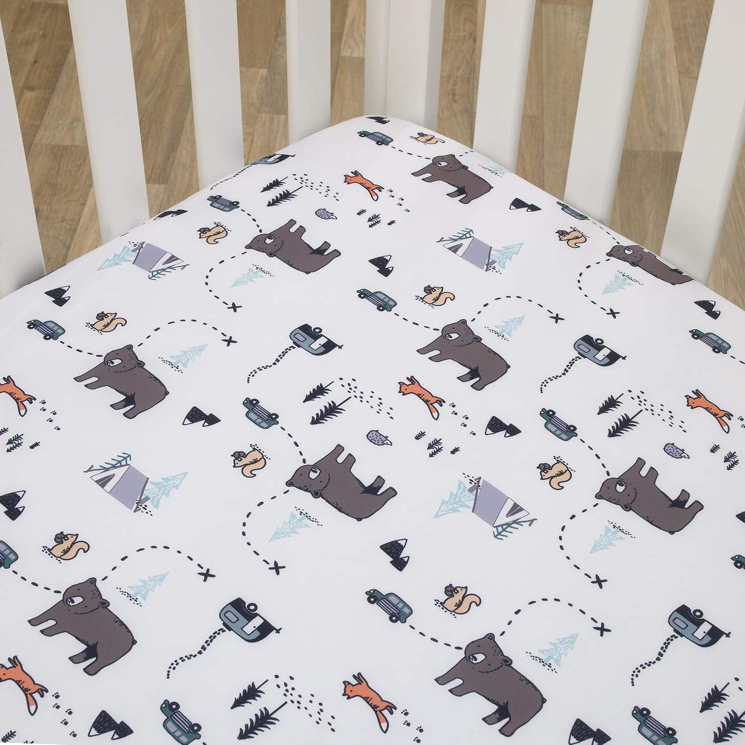 image:imageNoJo Carters Woodland Friends White and Multi Colored Bear Fox Squirrel Tree and Camper Fitted Crib SheetCrib