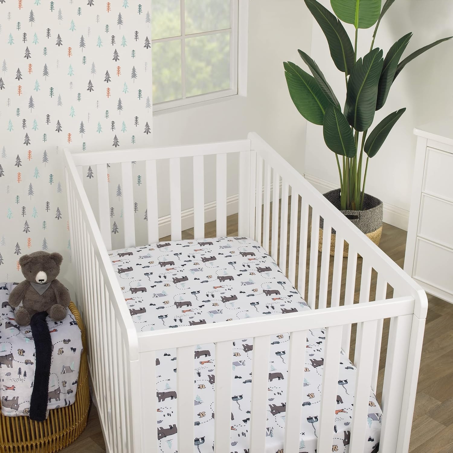 image:imageNoJo Carters Woodland Friends White and Multi Colored Bear Fox Squirrel Tree and Camper Fitted Crib SheetCrib