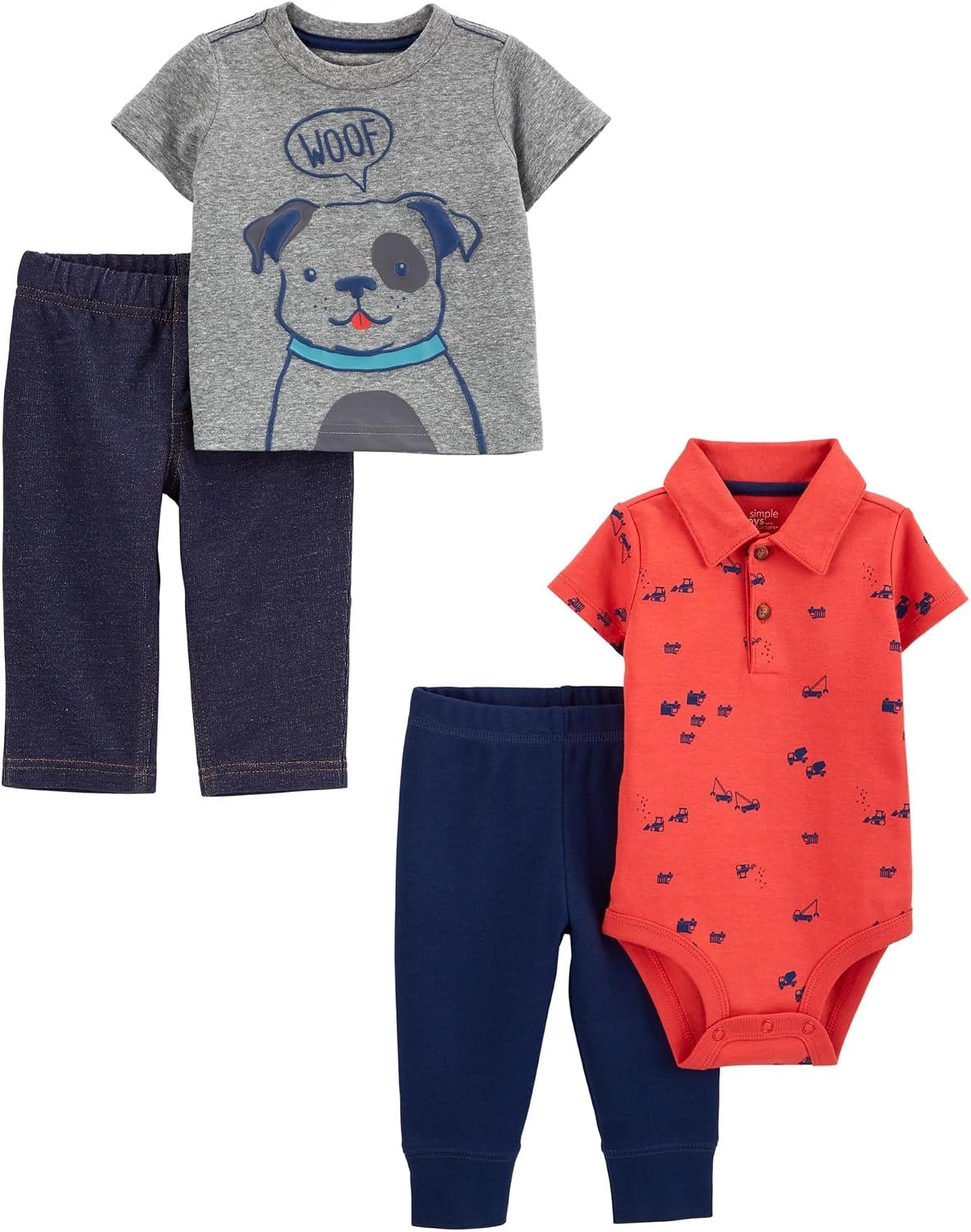 image:imageSimple Joys by Carters Baby Boys 4piece Bodysuit Top and Pant SetDark Grey DogDenimNavyOrange Construction