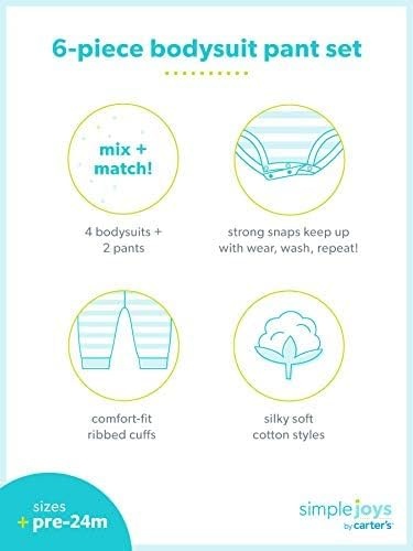 image:imageSimple Joys by Carters Baby Girls 6piece Bodysuits Short and Long Sleeve and Pants SetAqua Green ElephantGrey DotsPink StripeWhite Forest Animals