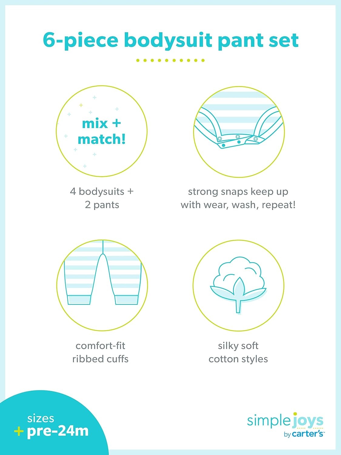 image:imageSimple Joys by Carters Baby Girls 6piece Bodysuits Short and Long Sleeve and Pants SetMulticolorBunnyDotsText Print