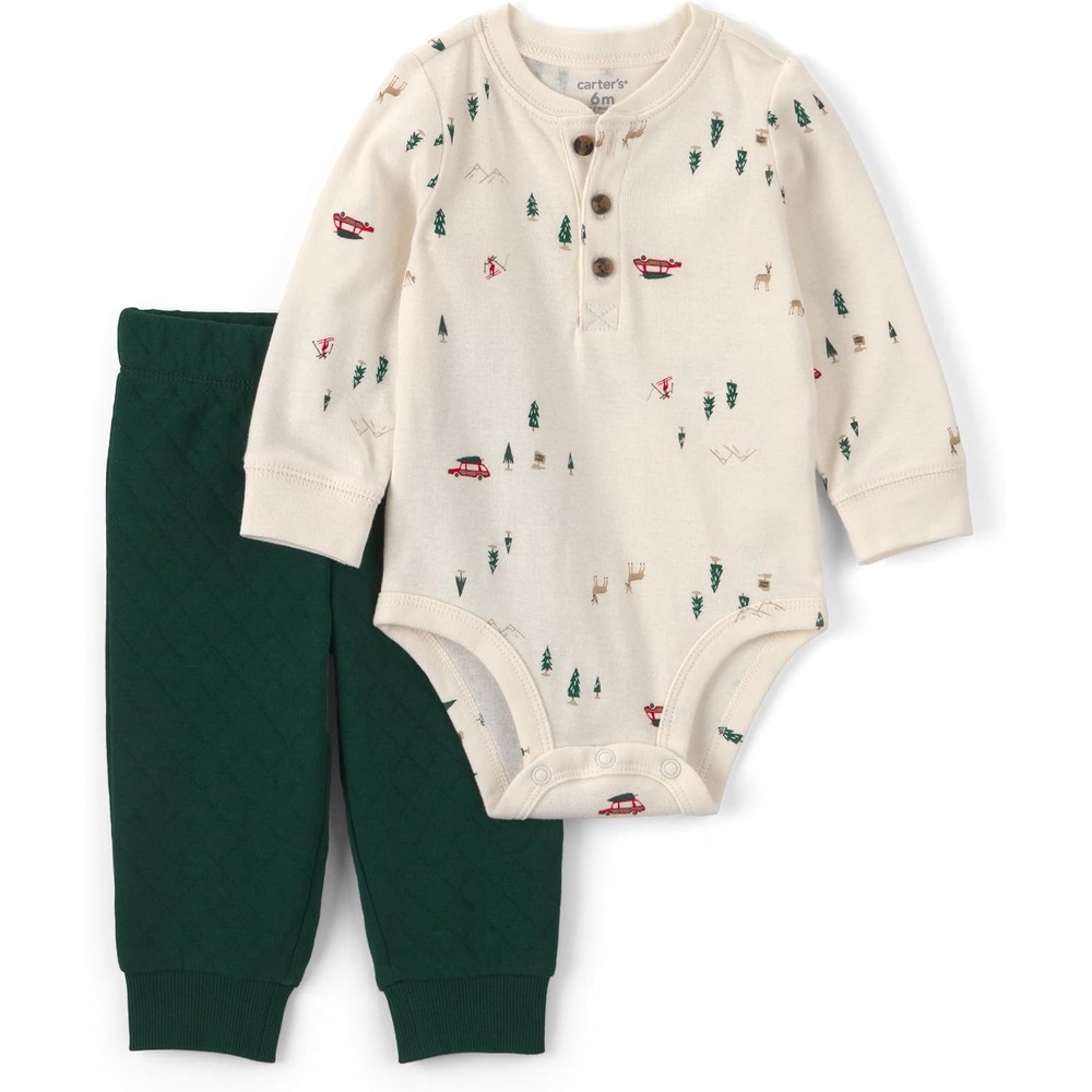 image:imageCarters Baby Boys 2piece Bodysuit Pant SetGreen Cream Woodland