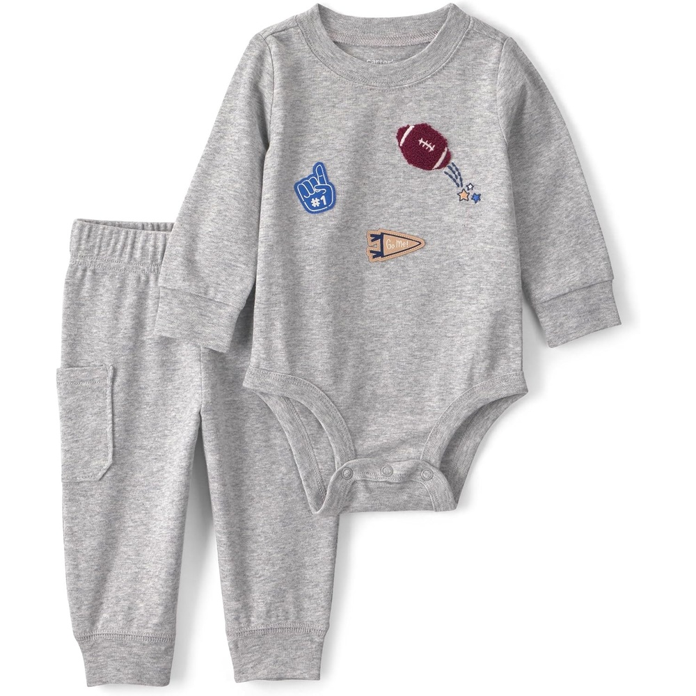 image:imageCarters Baby Boys 2piece Bodysuit Pant SetGrey Sport Patches