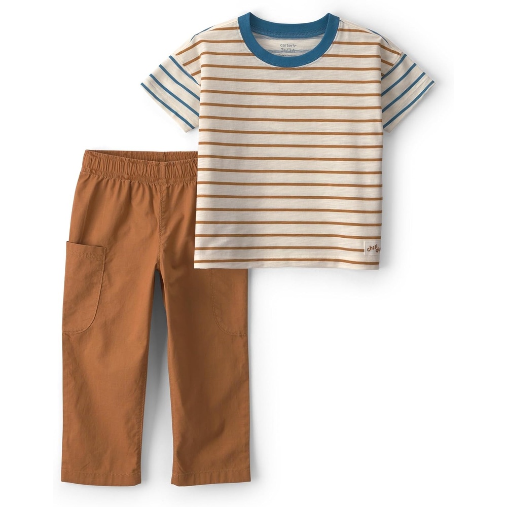 image:imageCarters Baby Boys 2piece Pant Set Navy Blue Grey Little Champ PrintBeige White Striped
