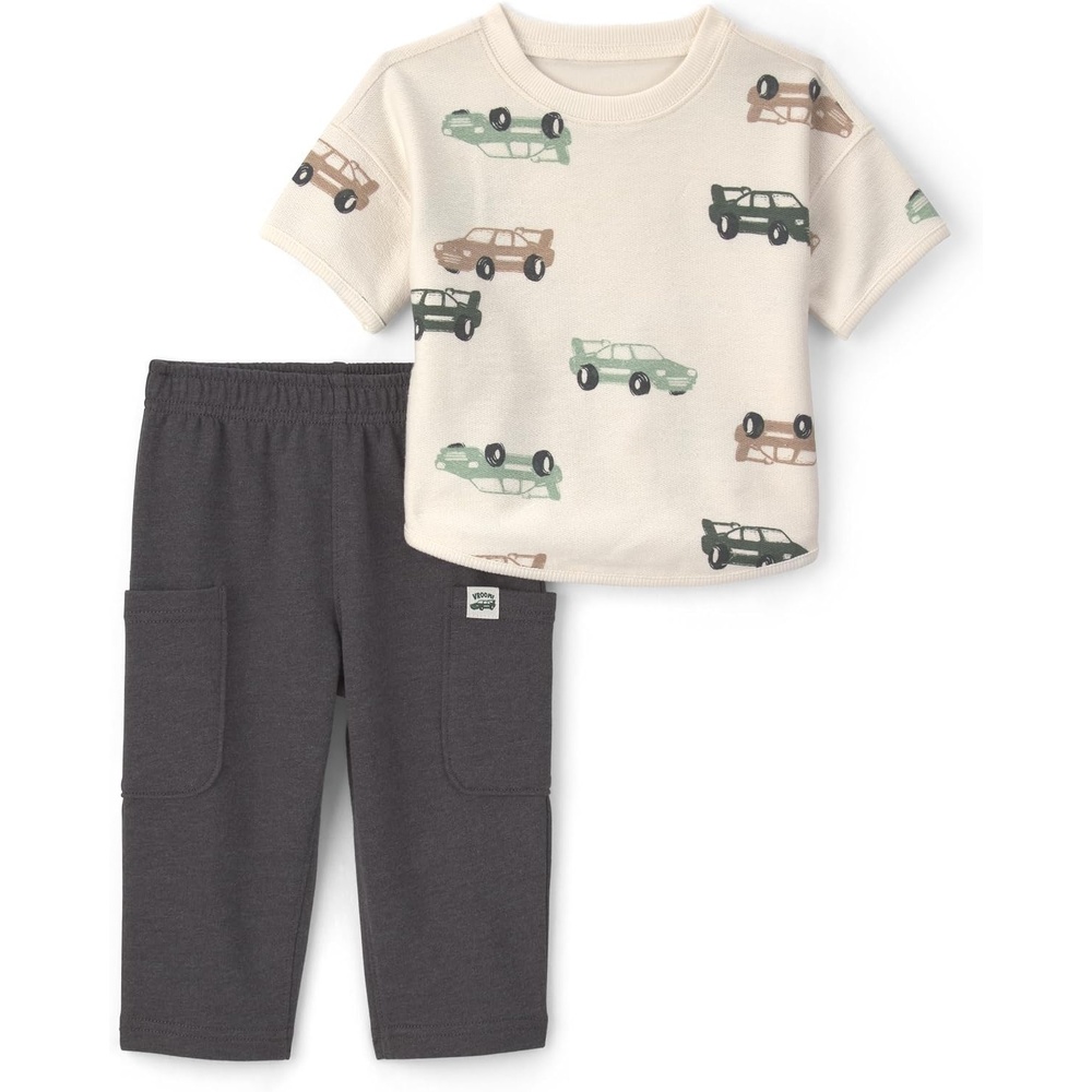 image:imageCarters Baby Boys 2piece Pant Set Navy Blue Grey Little Champ PrintCream Grey Car