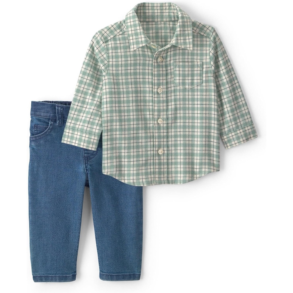 image:imageCarters Baby Boys 2piece Pant Set Navy Blue Grey Little Champ PrintGreen Indigo Flannel Check