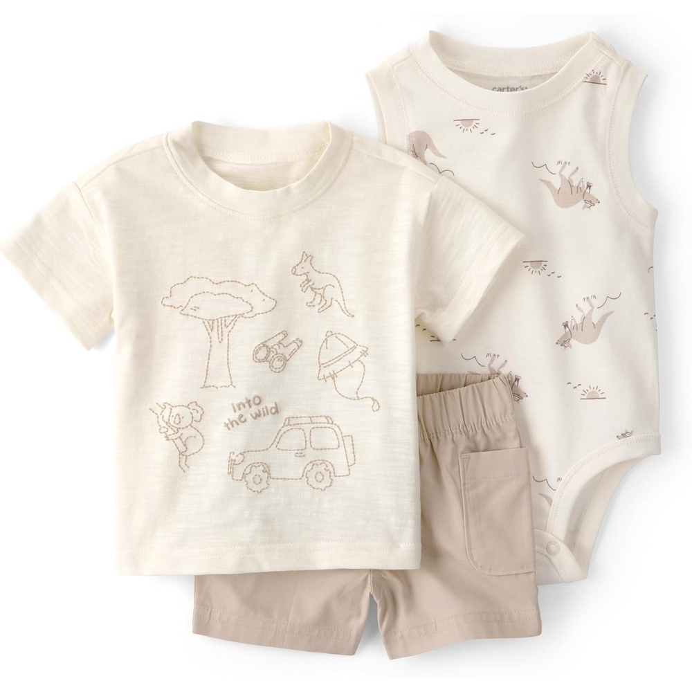 image:imageCarters Baby Boys 3piece Short SetBeigeBrown Safari