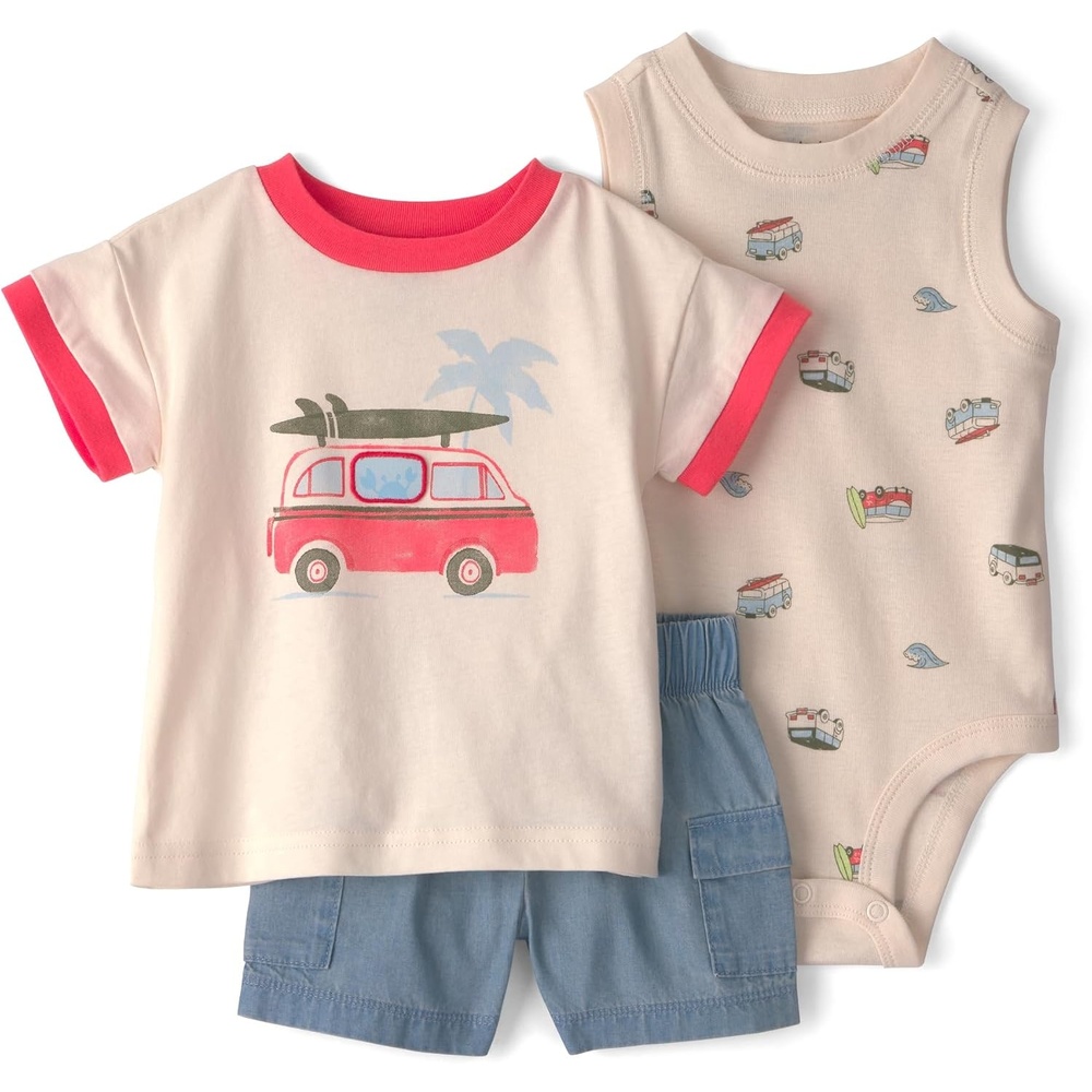 image:imageCarters Baby Boys 3piece Short SetCreamBlue Sports