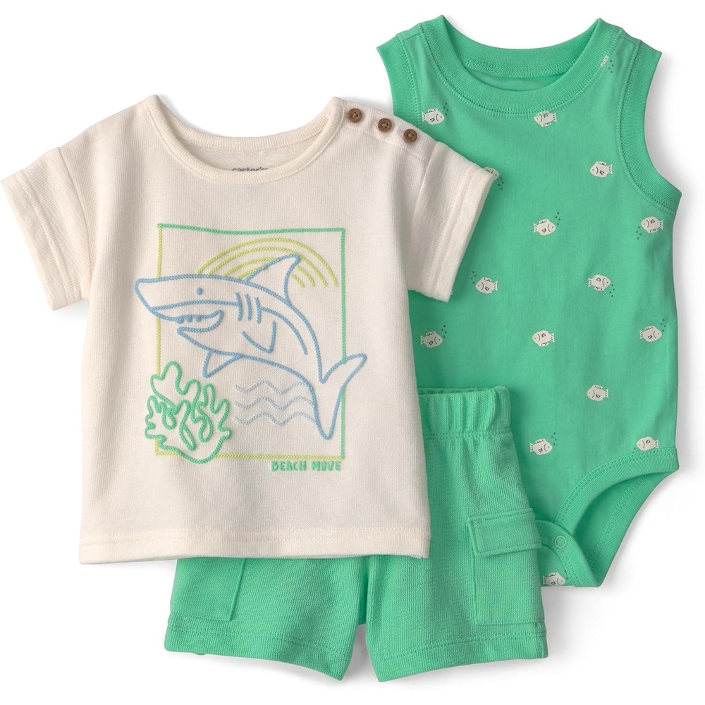 image:imageCarters Baby Boys 3piece Short SetGreen Shark