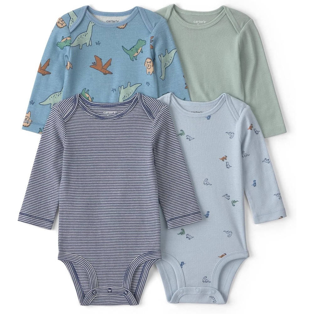 image:imageCarters Baby Boys 4pack Long Sleeve BodysuitsBlue Green Dino