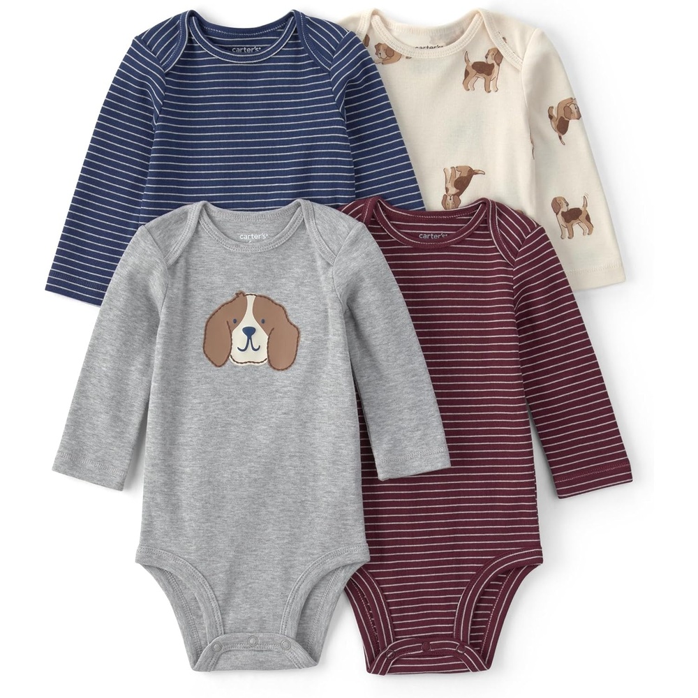 image:imageCarters Baby Boys 4pack Long Sleeve BodysuitsStripe Hound Dog