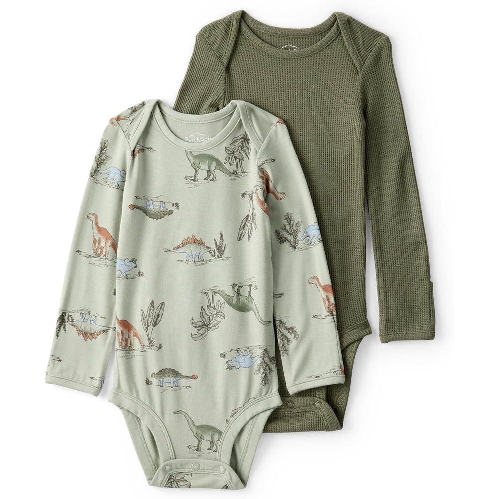 image:imageCarters Baby Boys Purelysoft 2pack Long Sleeve BodysuitGreen Dino