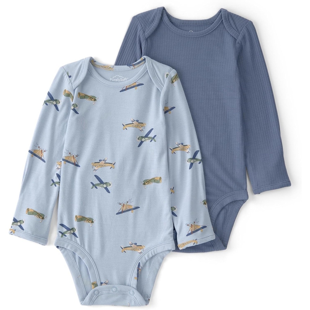 image:imageCarters Baby Boys Purelysoft 2pack Long Sleeve BodysuitVintage Plane