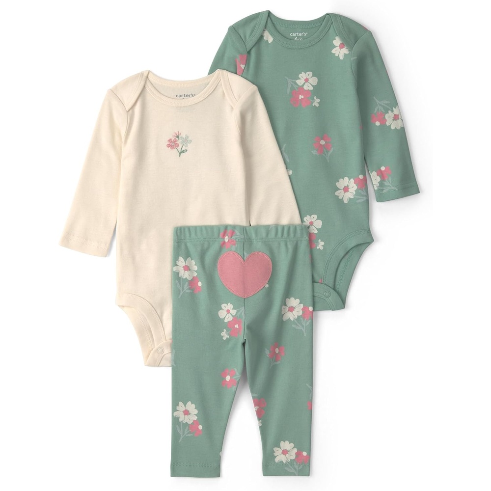 image:imageCarters Baby Girls 3piece Bodysuit Pant SetsGreen Cream Heart