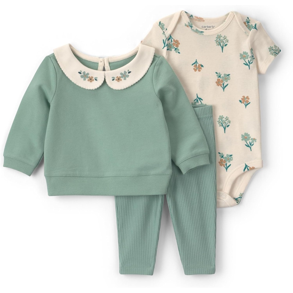 image:imageCarters Baby Girls 3piece Bodysuit Pant SetsGreen Floral