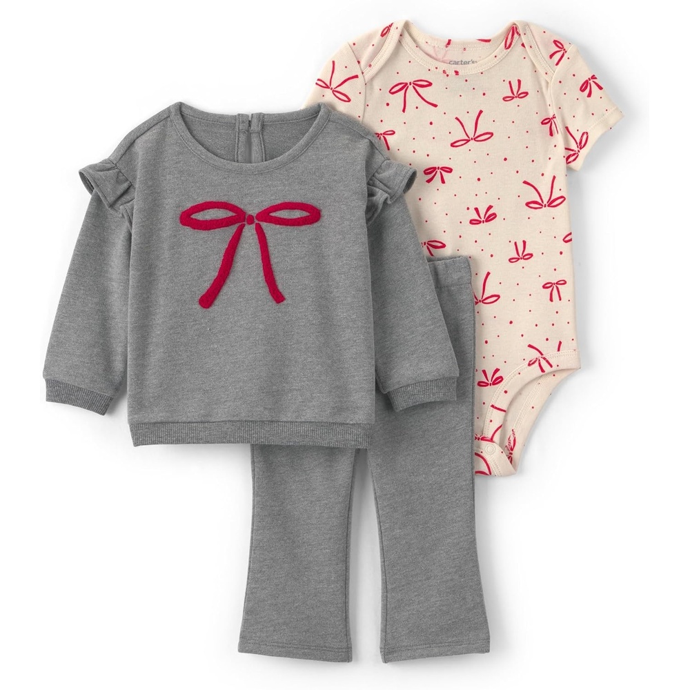 image:imageCarters Baby Girls 3piece Bodysuit Pant SetsGrey Cream Bow