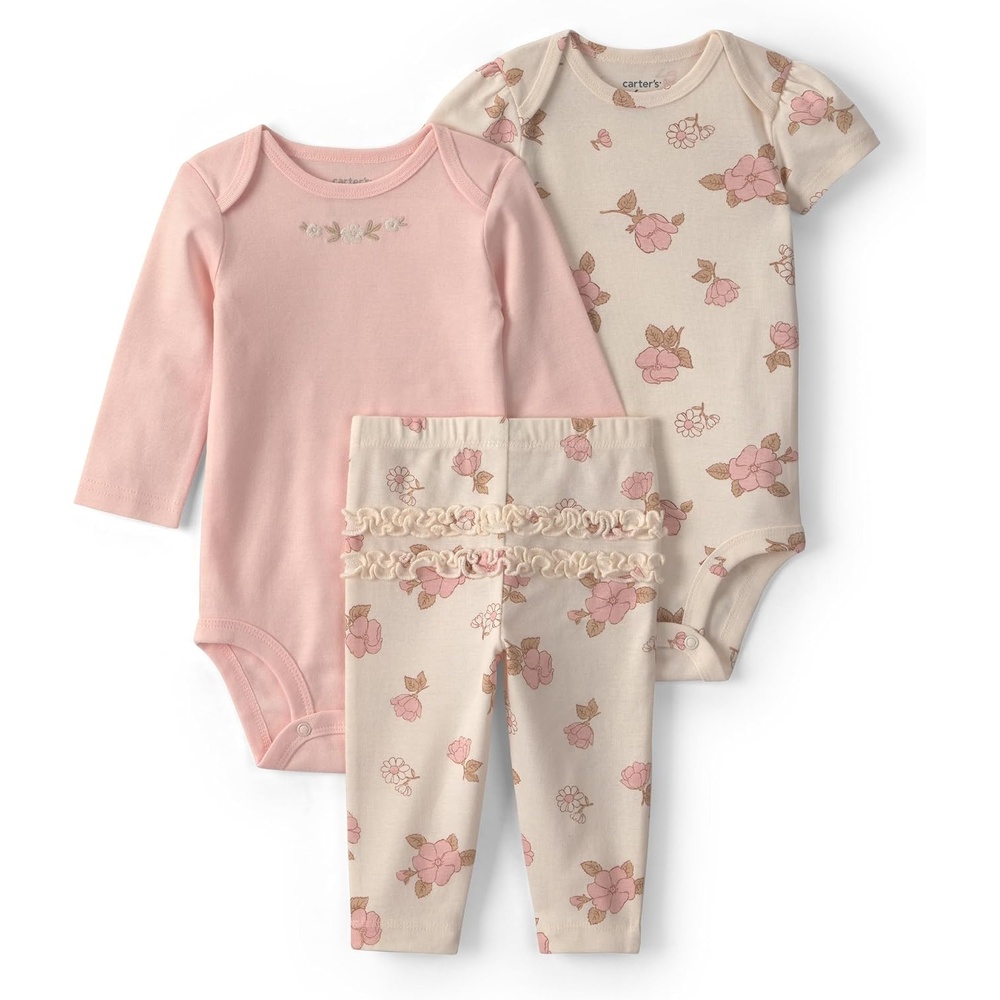image:imageCarters Baby Girls 3piece Bodysuit Pant SetsPink