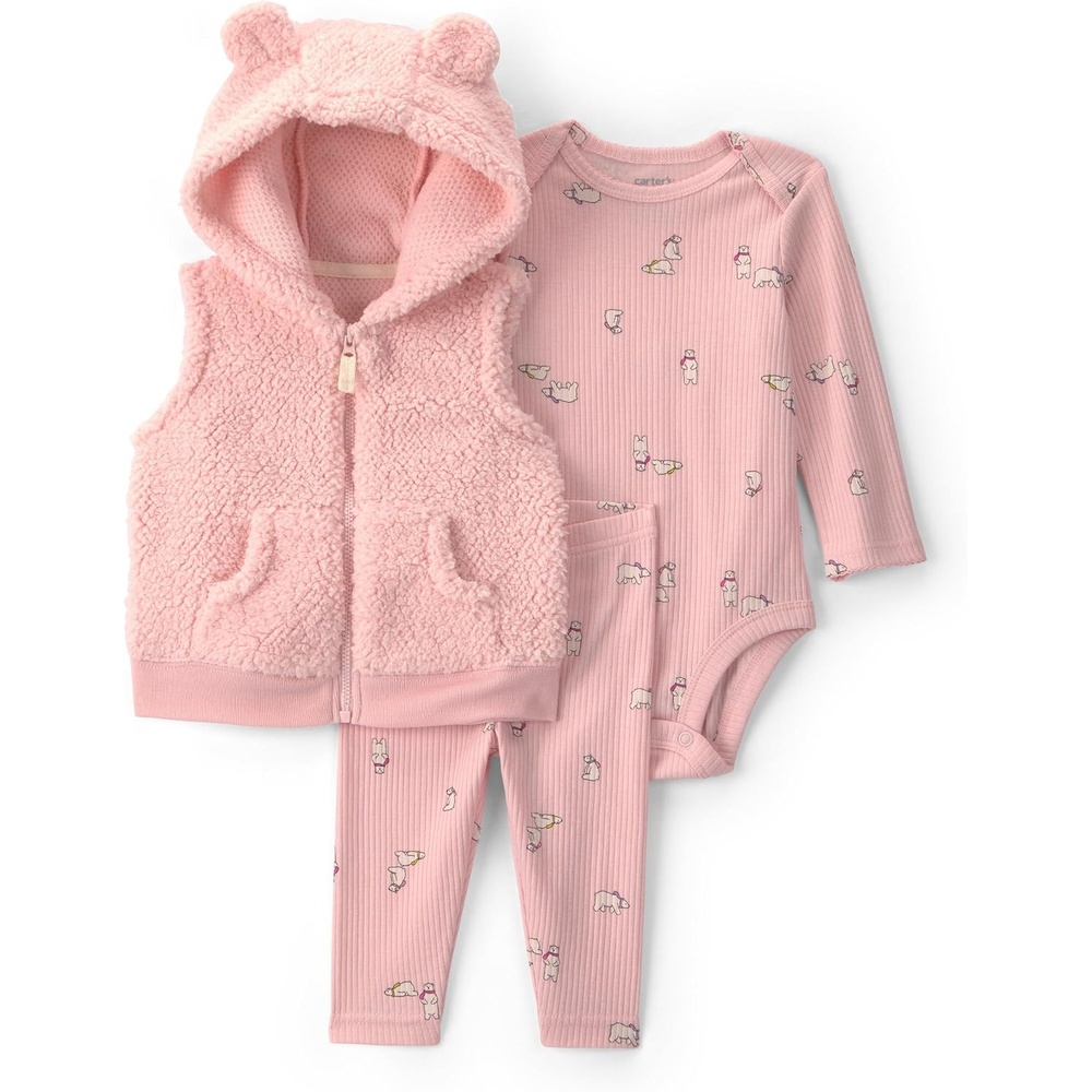 image:imageCarters Baby Girls 3piece Bodysuit Pant SetsPink Bear Print