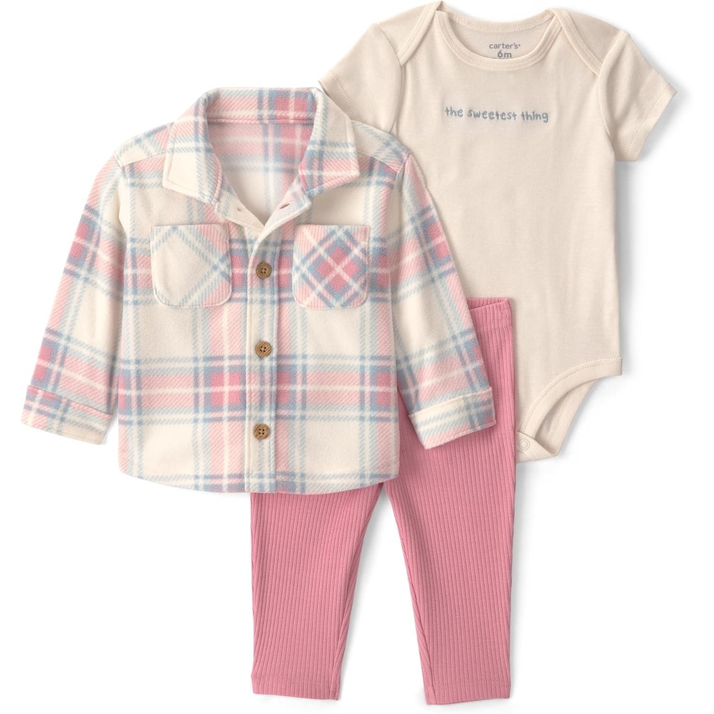 image:imageCarters Baby Girls 3piece Bodysuit Pant SetsPink Cream Plaid