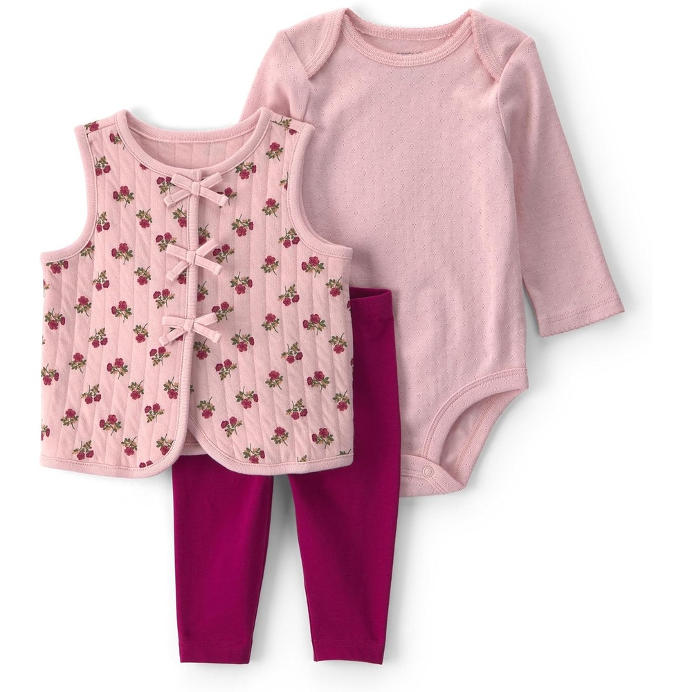 image:imageCarters Baby Girls 3piece Bodysuit Pant SetsPink Floral Bow