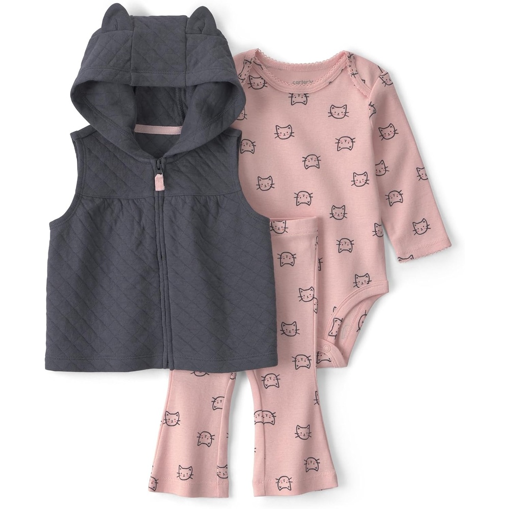 image:imageCarters Baby Girls 3piece Bodysuit Pant SetsPink Grey Cat Ears