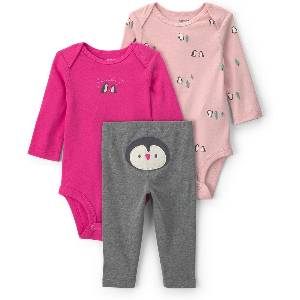 image:imageCarters Baby Girls 3piece Bodysuit Pant SetsPink Penguin