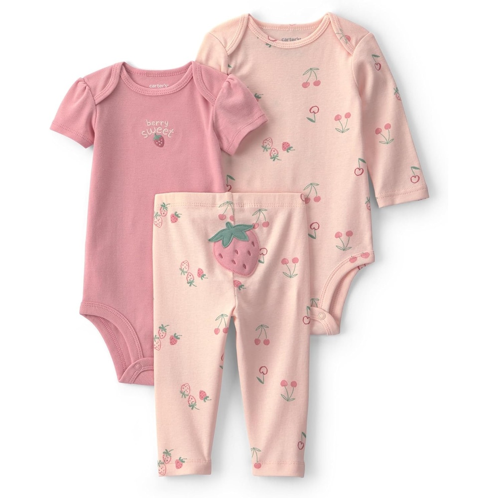 image:imageCarters Baby Girls 3piece Bodysuit Pant SetsPink Strawberry