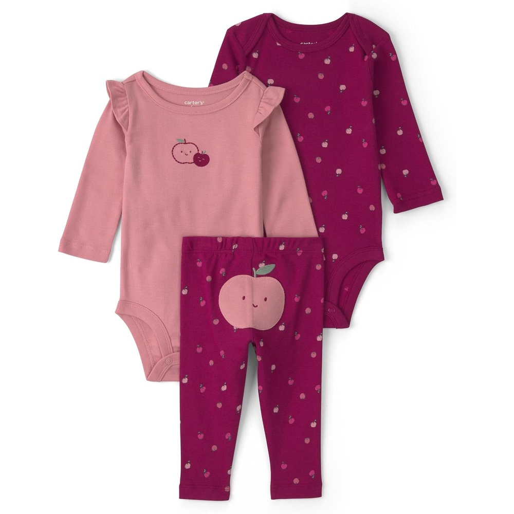 image:imageCarters Baby Girls 3piece Bodysuit Pant SetsPurple Pink Apple