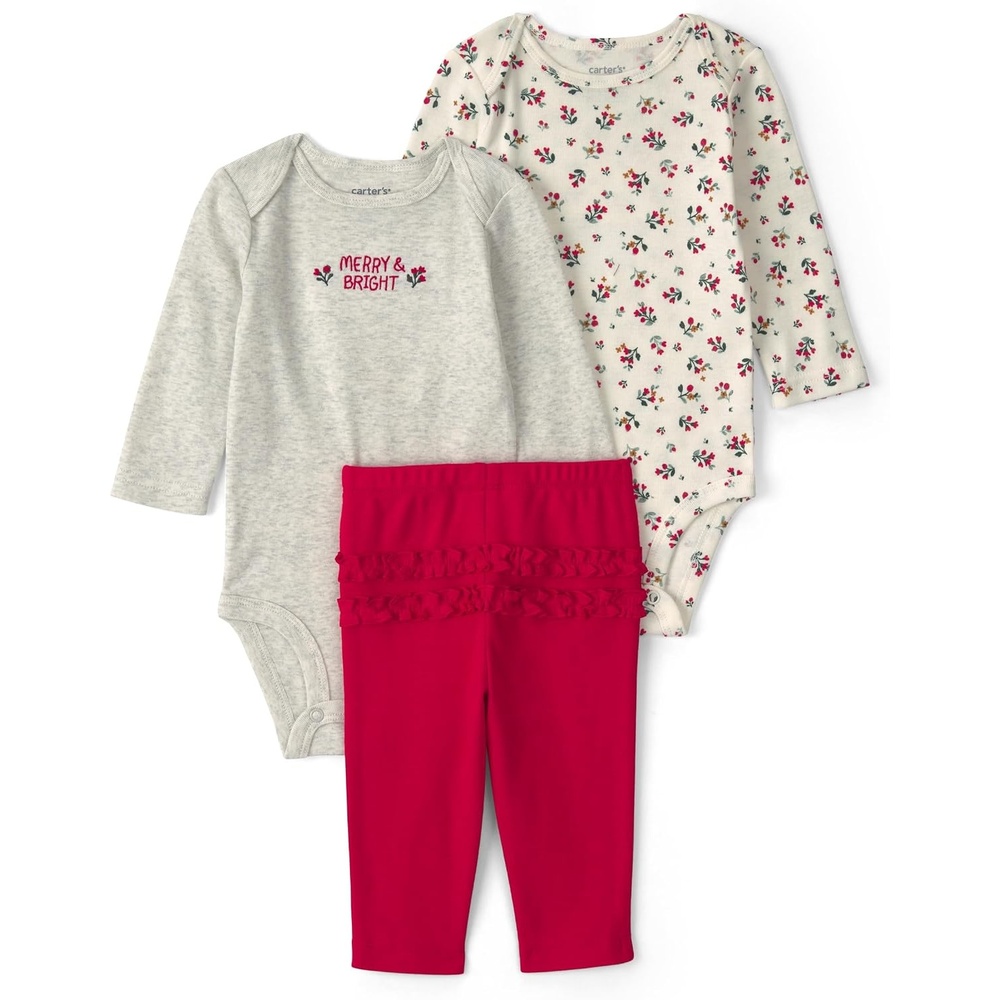 image:imageCarters Baby Girls 3piece Bodysuit Pant SetsRed Grey Floral