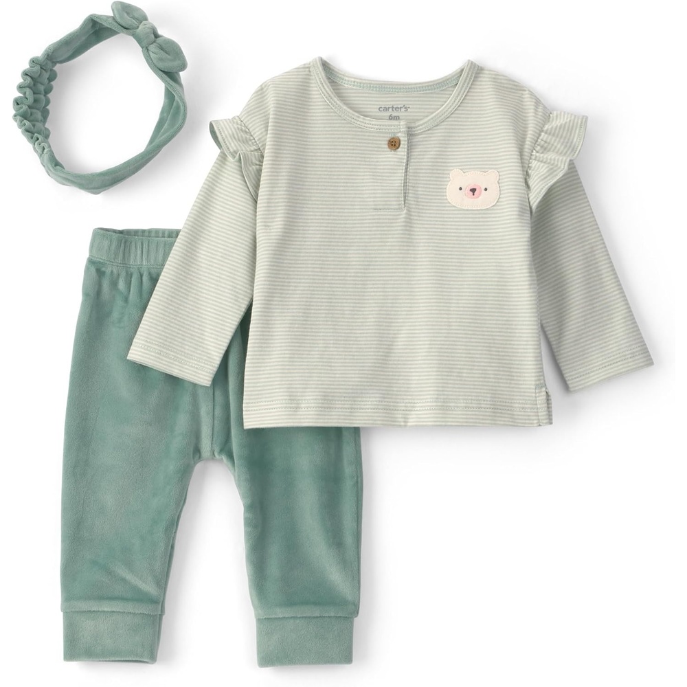 image:imageCarters Baby Girls 3piece Pant SetBear Flutter Green