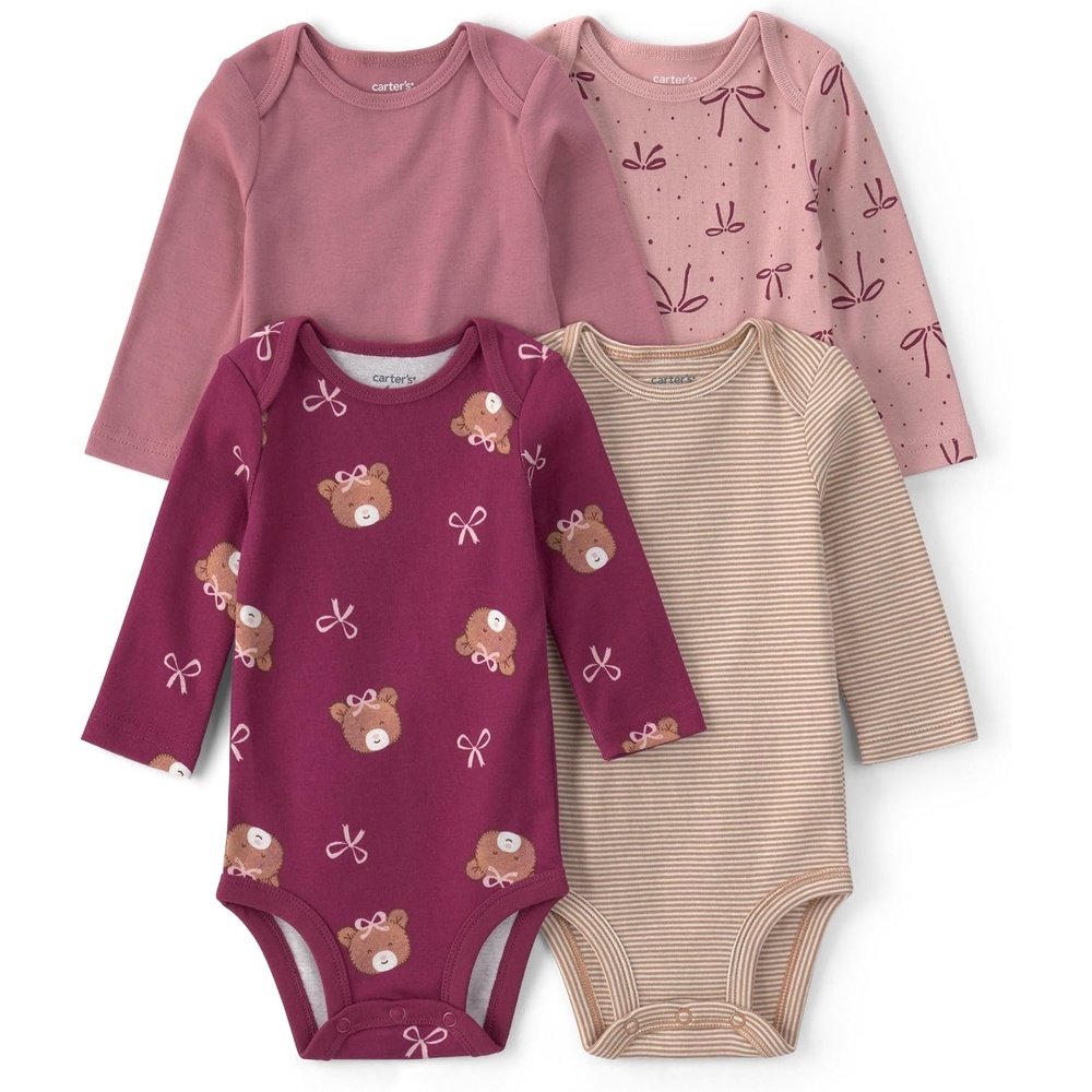 image:imageCarters Baby Girls 4pack Long Sleeve BodysuitsBow Teddy Bear
