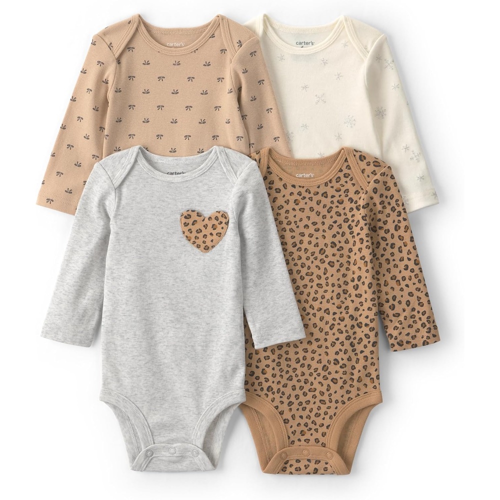 image:imageCarters Baby Girls 4pack Long Sleeve BodysuitsMulti Bow Snow Flake Leopard