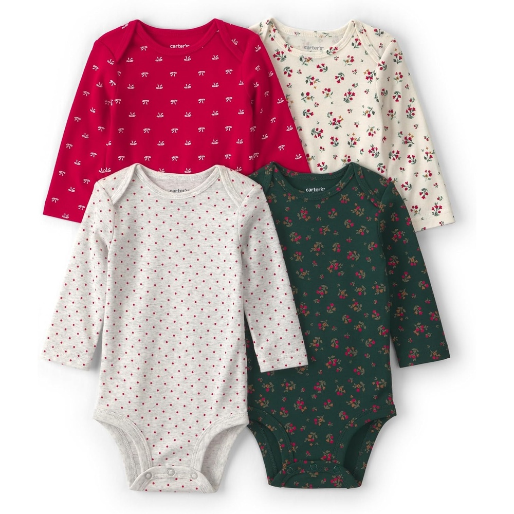 image:imageCarters Baby Girls 4pack Long Sleeve BodysuitsMulti Floral Bow Dot