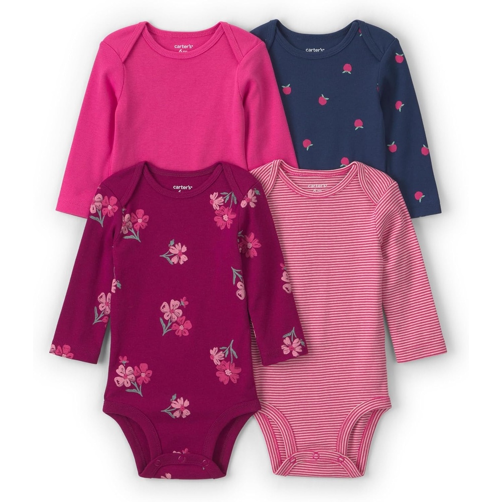 image:imageCarters Baby Girls 4pack Long Sleeve BodysuitsMulti Floral Stripe Raspberry