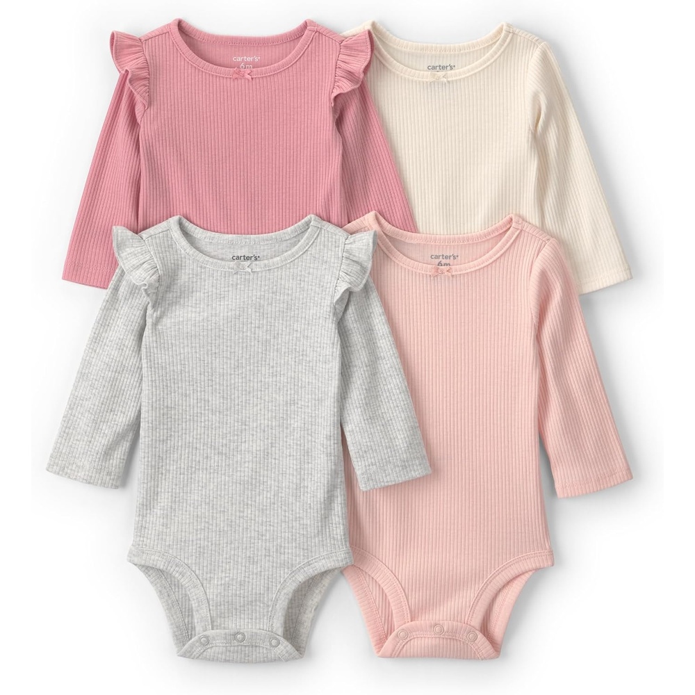 image:imageCarters Baby Girls 4pack Long Sleeve BodysuitsMulti Flutter
