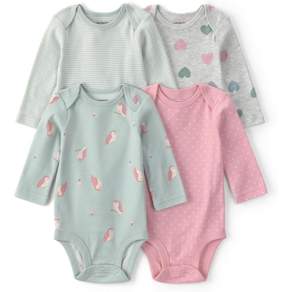 image:imageCarters Baby Girls 4pack Long Sleeve BodysuitsMulti Owl Dot Stripe Heart