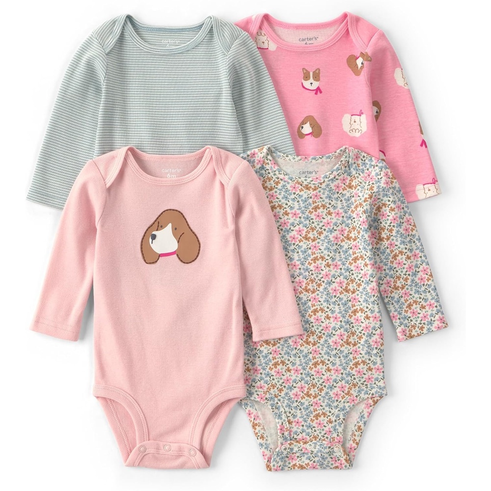 image:imageCarters Baby Girls 4pack Long Sleeve BodysuitsPink Dog
