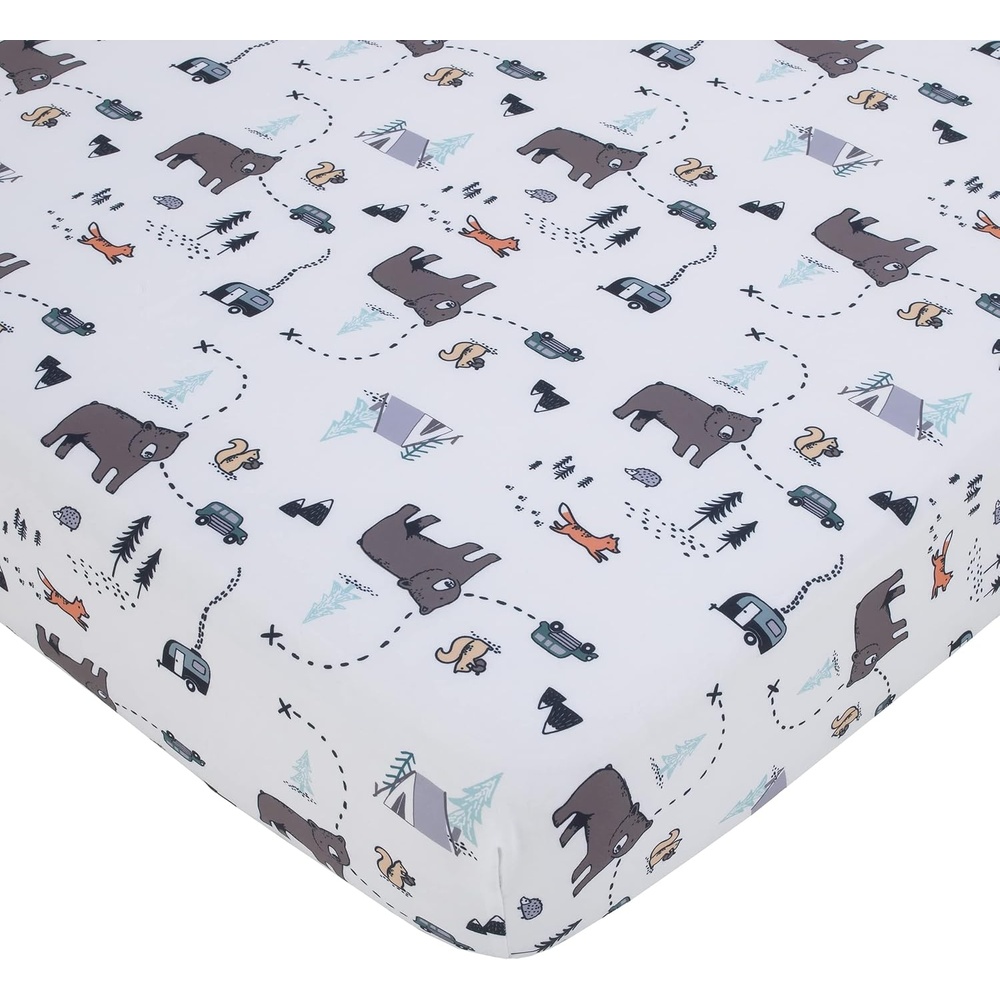 image:imageNoJo Carters Woodland Friends White and Multi Colored Bear Fox Squirrel Tree and Camper Fitted Crib SheetCrib