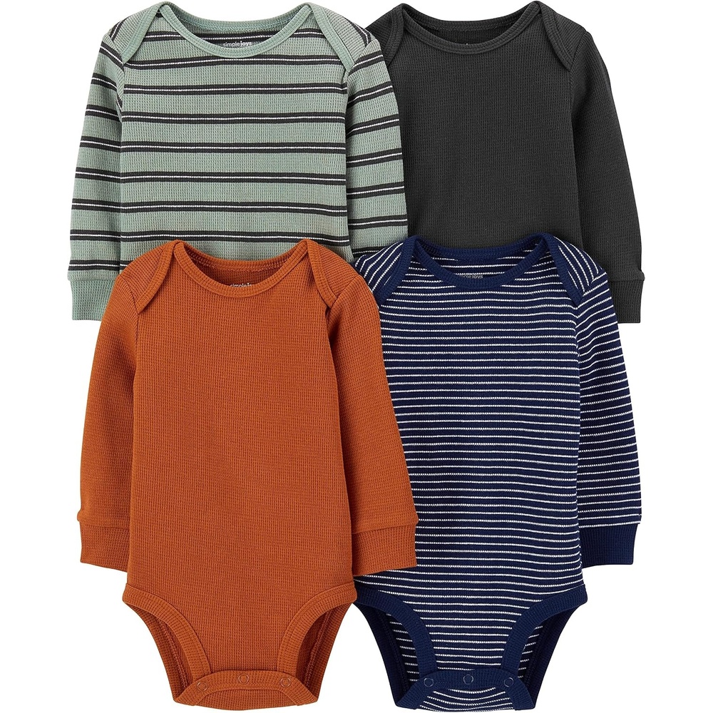 image:imageSimple Joys by Carters Baby 4pack Soft Thermal Long Sleeve BodysuitsBlackGreen StripeNavyRust