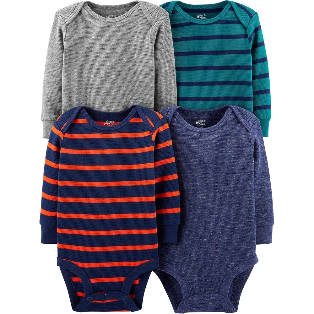 image:imageSimple Joys by Carters Baby 4pack Soft Thermal Long Sleeve BodysuitsBlue HeatherGrey HeatherStripe