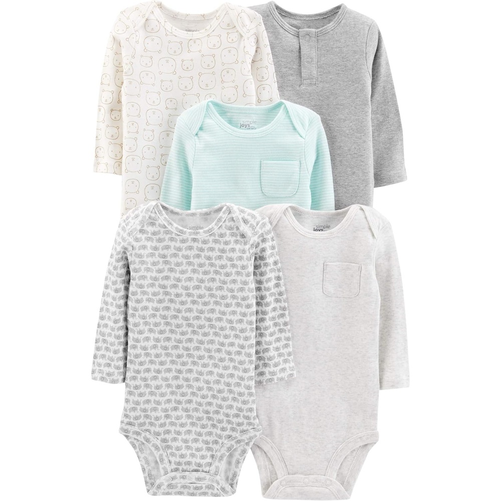 image:imageSimple Joys by Carters Baby 5pack Longsleeve BodysuitAqua Blue StripeGrey HeatherWhite HeatherBearElephants