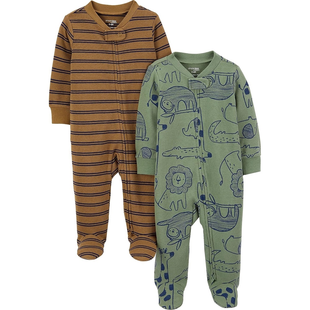 image:imageSimple Joys by Carters Baby Boys 2way Zip Thermal Footed Sleep and Play Pack of 2Brown Double StripeOlive Forest Animals